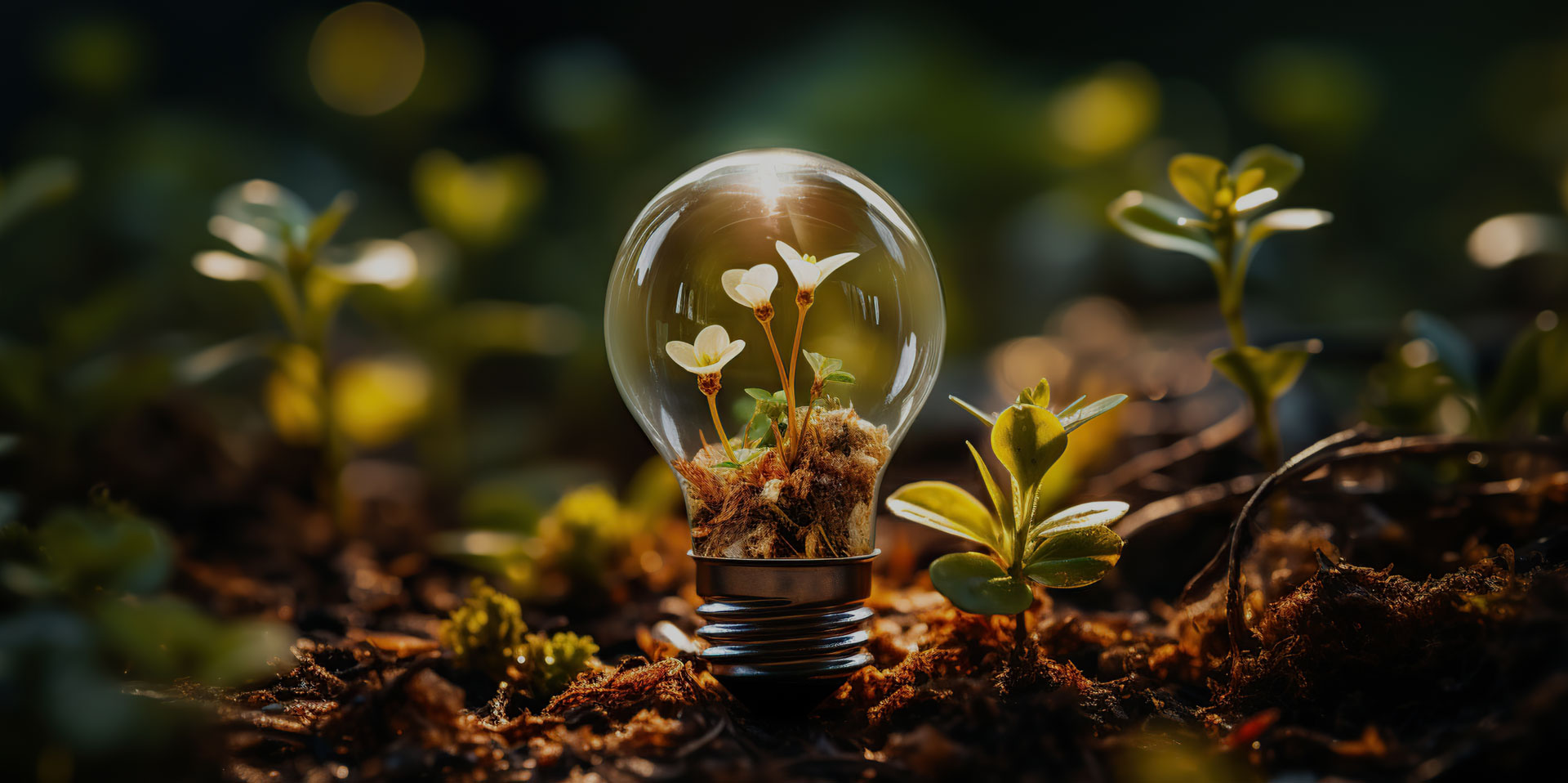 Light bulb with small plant growing inside. Ecology and environment concept.